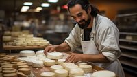 Middle Eastern male artisan cheesemaker in white uniform and apron smiling while inspecting fresh cheese wheels on wooden aging shelves in traditional creamery workshop.