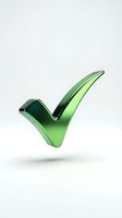 Green metallic checkmark symbol floating with shadow on white background isolated for business and approval designs.