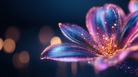 Magical glowing flower with sparkling petals in pink and blue colors against dark background with bokeh lights, macro photography style composition.