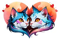 Romantic artistic illustration of two cats forming heart shape with colorful gradient fur in blue and purple tones, perfect for Valentine's cards and love-themed designs.