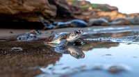 Green sea turtle crawling on wet sandy beach at sunset with reflection in water, rocky coastal background creates natural wildlife scene.
