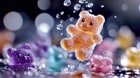 Colorful gummy bear candies with water droplets and splashes on dark background with bokeh effect, macro food photography for confectionery advertising.