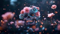 Decorative skull adorned with pink and blue flowers against dark background with glowing bokeh lights, creating mystical and artistic composition for Halloween designs.