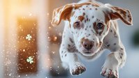 Playful Dalmatian puppy jumping and running with motion blur and bokeh light effects in background, showing joyful expression and spotted coat pattern.