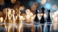 Chess pieces on reflective surface with golden and black figures against blurred bokeh lights background, strategic business concept for leadership and competition.