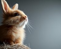 Adorable cream-colored baby bunny with long whiskers sitting in nest looking up against dark background, soft lighting highlights fluffy fur and gentle expression.