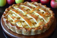 Fresh baked apple pie with golden lattice crust on wooden board, garnished with red and green apples in background, showing flaky pastry texture.