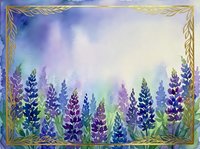 Watercolor lupine flowers border frame with purple blooms and golden decorative elements on gradient background for spring garden designs.