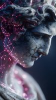 Ancient stone statue head with glowing pink digital network connections and geometric light patterns for technology and mythology fusion concepts.