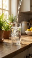 Water pouring into glass with ice on wooden kitchen counter near potted plants and window, refreshing beverage concept for hydration and wellness.