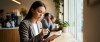 Professional businesswoman writing notes in modern office cafe environment with natural lighting and colleagues in background.