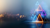 Glowing neon triangles with vibrant colors reflect on dark surface against blurred city lights background, creating modern geometric abstract composition.