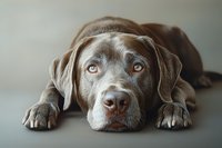 Chocolate Labrador retriever lying down with soulful amber eyes looking directly at camera against neutral background, close-up portrait showing expressive face.