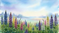 Colorful lupine flowers in watercolor style with blue purple pink blooms against dreamy sky background for spring garden botanical artwork and nature designs.