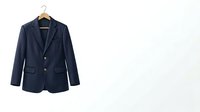 Navy blue blazer with gold buttons hanging on wooden hanger against white background, isolated for fashion retail, e-commerce, and apparel design use.