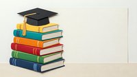 Graduation cap on stack of colorful books representing education, learning, and academic achievement for school, university, and knowledge-based design projects.