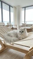 White fluffy cat relaxing in wooden hammock in bright modern living room with floor-to-ceiling windows, neutral furniture and minimalist decor for lifestyle and home design.