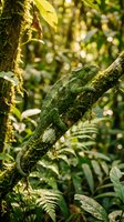 Green chameleon camouflaged on mossy tree branch in tropical rainforest with lush vegetation and natural sunlight filtering through canopy.