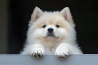 Adorable fluffy Pomeranian puppy with cream colored fur and bright blue eyes peeking over edge with paws visible against dark blurred background.
