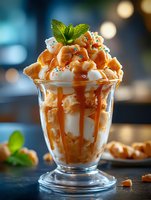 Caramel sundae with vanilla ice cream, whipped cream, crunchy waffle pieces and mint garnish in glass dessert cup, drizzled with salted caramel sauce.