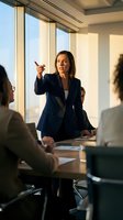 Professional businesswoman leading corporate meeting in modern office conference room with team members discussing strategy and planning.