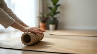 Woman using textured foam roller for muscle recovery and fitness training on wooden floor in bright modern home interior with plants.