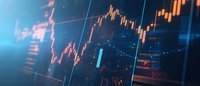 Financial market data visualization showing candlestick chart patterns and technical analysis indicators on digital display with blue technology glow effect.