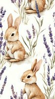 Gentle brown bunnies among purple lavender flowers on white background, seamless pattern for fabric, wallpaper and nursery decor designs.