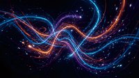 Abstract flowing energy waves with glowing particles in blue, orange and purple colors on dark background for digital art and futuristic designs.