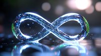 Glowing infinity symbol with digital particles and light effects on dark reflective surface creates futuristic technological concept visualization.