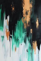 Abstract brushstroke artwork featuring dynamic strokes in turquoise, black, white, and gold colors creating a modern contemporary composition with vertical movement.