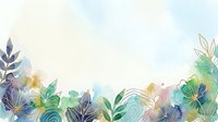 Watercolor floral border with gold line art flowers and leaves in teal, blue, and green tones on a light background for cards.