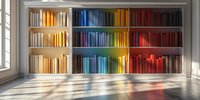 Rainbow colored books arranged on white wooden shelves creating spectrum pattern, sunlight streaming through window casting shadows on glossy floor. Interior design concept.