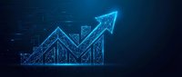 Glowing blue digital growth chart with upward arrow on dark tech background showing business success and financial progress analytics.
