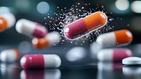 Medical capsule pill bursting with powder substance against dark background with floating pharmaceutical capsules, dramatic lighting for healthcare concept.