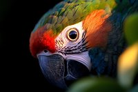 Vibrant close-up portrait of scarlet macaw parrot head showing detailed eye, beak and colorful feather patterns against dark background. For nature and wildlife designs.