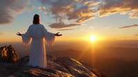 Silhouette of person in white robe standing with open arms on mountain peak at dramatic sunset, golden sun rays illuminating majestic landscape and clouds.