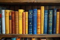 Row of vintage hardcover books in blue, yellow and orange colors arranged on wooden shelf, creating nostalgic library atmosphere. Perfect for education themes.