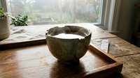 Rustic handmade ceramic bowl with steam on a wooden tray by a sunlit window, cozy home interior atmosphere.