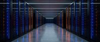 Modern data center server room corridor with illuminated blue LED lights and network equipment racks for cloud computing and technology infrastructure.