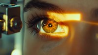 Close-up of brown eye during medical laser examination with bright orange light beam scanning retina, ophthalmology concept for eye health diagnostics.