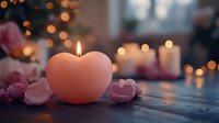 Heart-shaped pink candle burning with soft flame, surrounded by rose petals on wooden surface against blurred bokeh lights background for romantic atmosphere.