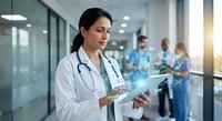 Female doctor using digital tablet with holographic medical interface in modern hospital corridor for healthcare technology innovation.