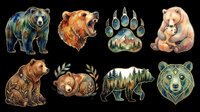 Watercolor bear clipart set with 8 isolated elements including grizzly bears, paw print, and forest silhouette on transparent background, for t-shirts, stickers, print on demand.