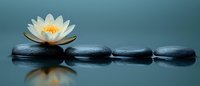 White lotus flower on black spa stones reflecting in calm water against teal blue background, zen and wellness composition for meditation and relaxation.