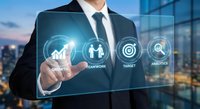 Businessman in suit touching virtual screen with growth, teamwork, target, and analytics icons against city background.