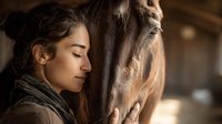 Young woman with closed eyes gently touching brown horse face in warm stable light showing peaceful bond between human and animal for equestrian therapy concepts.