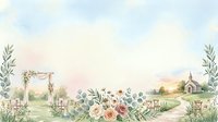 Watercolor wedding ceremony scene with floral arch, roses, eucalyptus branches and chapel in pastoral landscape for romantic invitations and event planning.