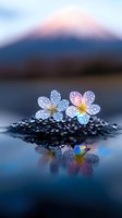 Delicate white cherry blossoms with water drops reflecting on dark surface against blurred mountain backdrop create serene macro composition with mirror effect.