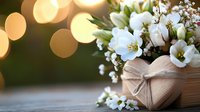 Romantic heart-shaped gift box with white flowers and bokeh lights on wooden surface, soft focus background creates dreamy atmosphere for Valentine's day or wedding.